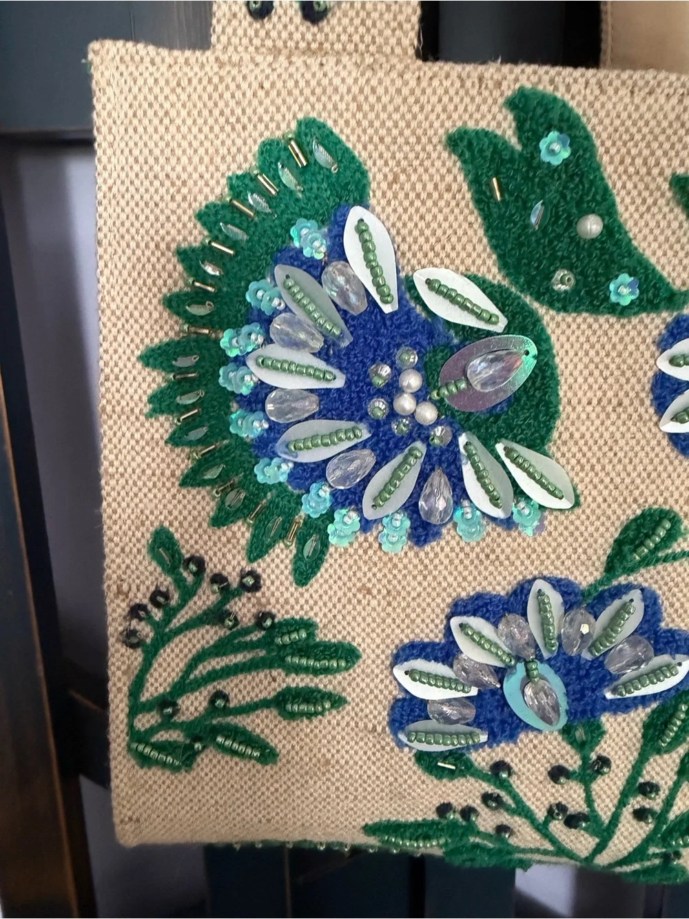 Beaded Bag Floral Embroidered Tote - Green and Blue NWT